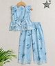 The Magic Wand Cotton Frilled Sleeves Floral Printed & Lace Embellished Coordinating Top & Pant Set - Blue