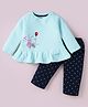 Simply Knit Full Sleeves Winter Top & Lounge Pant Set With Animal Embroidery - Light Blue
