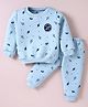 Simply Knit Full Sleeves Winter T-Shirt & Bottom Set With Space Theme Print - Light Blue