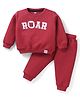 Simply Knit Full Sleeves Text Printed Winter Wear T-Shirt & Lounge Pant Set - Red