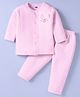 Simply Cotton Knit Full Sleeves Front Open Winter Night Suit With Bear Applique - Pink