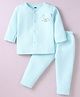 Simply Cotton Knit Full Sleeves Front Open Winter Night Suit With Bear Applique - Aqua Blue