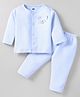 Simply Cotton Knit Full Sleeves Front Open Winter Night Suit With Bear Applique - Light Blue