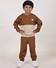 Kiddopanti Fleece Full Sleeves Patch Detailed Cut & Sew Sweatshirt With Solid Joggers Set - Brown & Beige