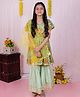 AATYA KIIDS Cotton Half Sleeves Floral Printed & Lace Embellished Angrakha Kurta & Sharara With Dupatta Set - Dark Green
