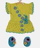 MayRa Knits Hand Knitted Frill Sleeves Crochet Floral Applique Detailed Dress with Coordinating Booties - Yellow