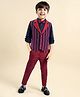 Babyhug Woven Full Sleeves Striped 3 Piece Party Suit With Bow - Red & Navy Blue
