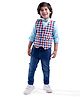 Babyhug Woven Full Sleeves Solid Color Shirt & Jeans with Bow & Checkered Waistcoat - Red & Blue