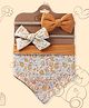 Polka Tots Cotton Set Of 2 Floral Printed & Solid Bow Headbands With 1 Floral Printed Bib Set - Orange
