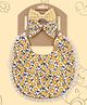 Polka Tots Cotton Set Of 2 Floral Printed & Checked Bow Headbands With 1 Floral Printed Bib Set - Yellow