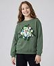 Doreme Fleece Knitted Full Sleeves Sweatshirt With Butterfly & Text Print - Olive Green