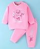 Zero Fleece Knit Full Sleeves Winter Wear Sweatshirt & Joggers Set with Animal Print - Pink