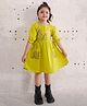 Tiny Twills Linen Half Sleeves Floral Embroidered & Pockets Detailed Fit & Flared Dress - Lime Green