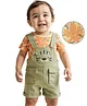 Babyoye Terry Knit Dungaree & Half Sleeves T-Shirt With Floral Print & Bear Patch - Olive Green & Orange