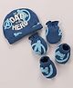 Babyhug Marvel Interlock Knit Cap Mittens & Booties Set with Avengers Graphics Blue - Diameter 12 Cm