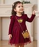 Babyhug Cotton Knit Full Sleeves Dress With Mesh & Glitter Detailing - Maroon