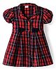Babyhug Cotton Woven Half Puffed Sleeves Checkered Collared Winter Frock with Bow Applique - Dark Red