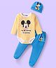 Babyhug Disney Interlock Knit Full Sleeves Striped Onesie With Mickey Mouse Graphics Footed Lounge Pant & Cap - White Yellow & Blue