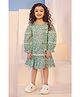Tiny Twills Linen Three Fourth Puffed Sleeves Floral Printed & Crochet Lace Embelllished Dress - Mint Green