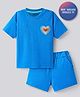 Bonfino Cotton Knit Half Sleeves T-Shirt & Shorts Set With Heart Embroidery & Embossed Print - Blue