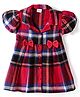 Babyhug Cotton Knit Half Puffed Sleeves Checkered Collared Winter Frock with Bow Applique - Dark Red