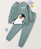 BLUSHES 100% Cotton Knit Full Sleeves Penguin Printed Coordinating Night Suit Set - Olive Green