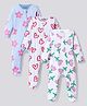 Bonfino 100% Cotton Knit Full Sleeves Footed Sleep Suits With Floral & Heart Print Pack of 3 - White & Light Blue