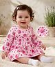 Babyoye Cotton Woven Full Sleeves Frock With Floral & Animal Print - Light Pink