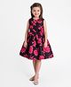 Primo Gino Woven Sleeveless Party Frock With Floral Embroidery & Bow Applique - Red & Black