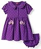 Babyhug Single Jersey Knit Half Puffed Sleeves Polka Dots Printed Peter Pan Collared Frock with Bloomer & Floral Applique - Purple