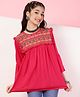 ISHTI Three Fourth Sleeves Frill Detailed Abstract Embroidered Top - Pink