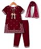 Babyhug Woven Half Sleeves Velvet Embroidered Kurti Churidar & Dupatta Set - Dark Red