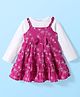 Babyhug Cotton Woven Floral Embroidered Frock with Full Sleeves T-Shirt & Bow Applique - Dark Pink
