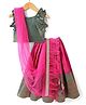 Babyhug Woven Frill Sleeves Brocade Lehenga Choli & Dupatta Set- Dark Pink