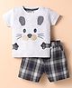 Wonderchild Interlock Half Sleeves Cat Printed & Embroidered Tee With Checked Shorts - Grey