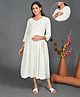 English Lady Three Fourth Sleeves Motif Printed Maternity Dress With Nursing Access - Cream
