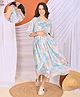 English Lady Half Butterfly Sleeves Leaves Printed Maternity Dress With Concealed Zipper Nursing Access - Aqua Blue
