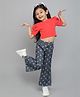 Taffykids Half Puff Sleeves Solid Crop Top With Paisley Printed Flared Denim Pant Set - Red & Blue