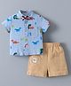 Kookie Kids Half Sleeves Cotton Shirt & Shorts With Dino Print & Bow Applique - Light Blue & Khaki