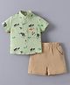 Kookie Kids Half Sleeves Cotton Shirt & Shorts Set With Animal Print - Light Green & Khaki