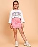 Little Marine Cotton Three Fourth Sleeves New York Text Printed Crop Top With Ribbed A Line Dress - Pink & White