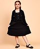 Little Marine Cotton Sleeveless Belt Styled A Line Dress With Full Sleeves Jacket Set - Black