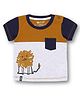 3PIN Cotton Half Sleeves Lion Printed & Colour Block Tee - Navy Blue with Brown Melange