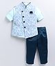 LITTLE COLLARS Full Sleeves Solid Shirt With Trousers & Abstract Embroidered Jacket - Rama Green