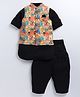 LITTLE COLLARS Full Sleeves Solid Kurta Pyjama With Floral Embroidered Jacket - Black