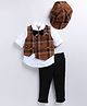 LITTLE COLLARS Full Sleeves Solid Shirt Pant With Checked Waistcoat Cap & Bow Set - Brown