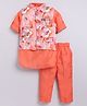 LITTLE COLLARS Full Sleeves Solid Kurta Pyjama With Floral Printed Jacket - Peach