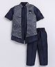 LITTLE COLLARS Full Sleeves Solid Kurta Pyjama With Abstract Embroidered Jacket - Navy Blue