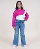 Kiddopanti Cotton Full Sleeves Cut & Sew Detailed Hooded Crop Tee With Jeans - Dark Pink White & Mid Rag Wash Blue