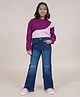 Kiddopanti Cotton Full Sleeves Cut & Sew Detailed Hooded Crop Tee With Jeans - Wine Baby Pink & Dark Wash Blue
